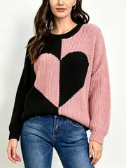 Women' Pink & Black Contrast Heart Jacquard Sweater - Loose Fit Round Neck Pullover, Soft Winter Sweater — view 1