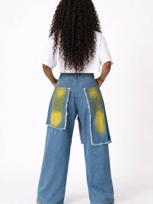 Ripped and Painted Detail Double Layer Denim Baggy Pants