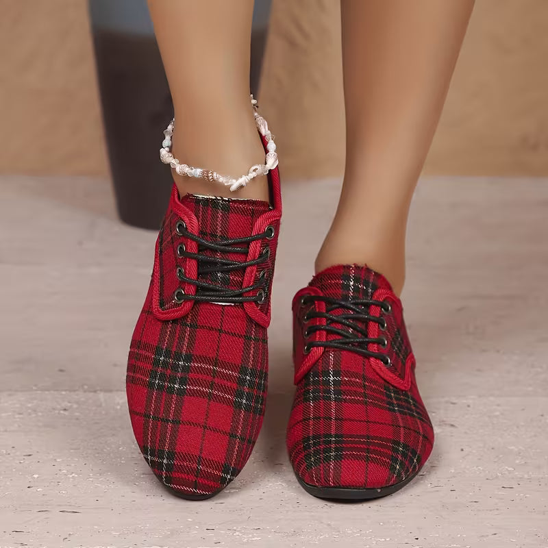 Women's All-Season Fashion Wedge Lace-Up Plaid Loafers, Women Shoes — view 7