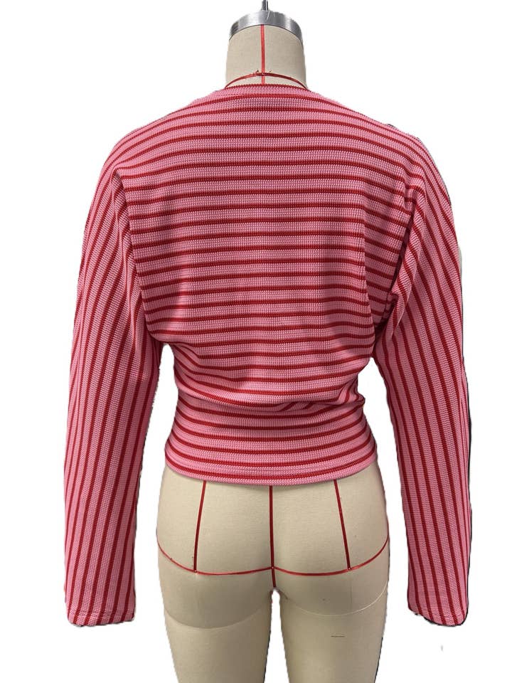 Striped Batwing Sleeve Waist-Cinched Long-Sleeve Top