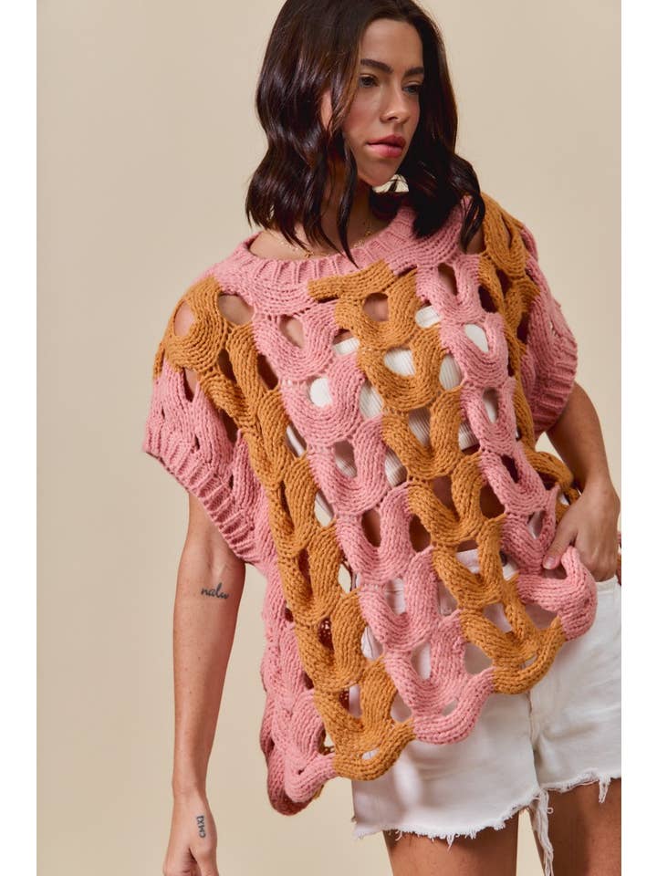 Color Block Open Knit Sweater Vest Top