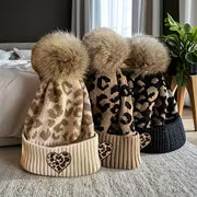 Women's Leopard Print Beanie with Faux Pom-Pom & Heart Embroidery Trim - Elastic Suitable for Daily Outdoor — view 1