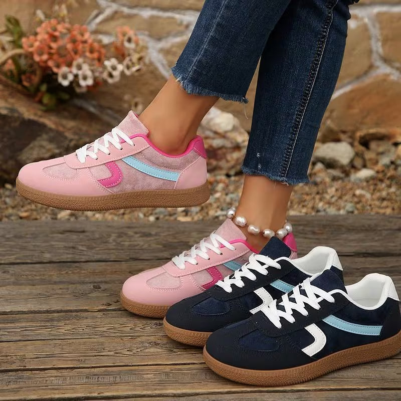 Women Color Block Shape Logo Retro Low Top Sneakers, Lace Up Gum Sole Soft Comfort Casual Walking Shoes, Women Shoes