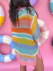 Pink Stripe Colorblock Hollowed Crochet 3/4 Sleeve Sweater — view 6
