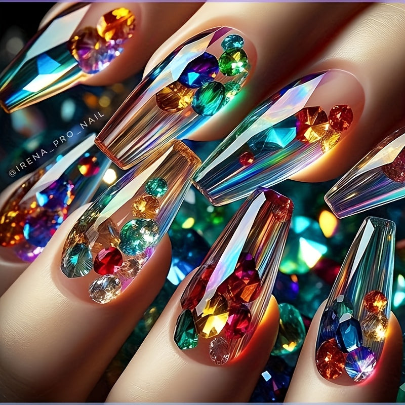 Upgrade Your Style, 24pcs of Chinese Ballet Fake Nails, Colored Gemstones Inlaid with Transparent Background Color Colorful Wearing Nail Design, Full Coverage of Bright Artificial Nail Art, Detachable Fake Nails