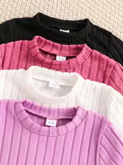 Girls' Clothing 4-Piece Set: Comfortable and Versatile Long-Sleeve Ribbed Knit Tops for Spring, Autumn, and — view 3