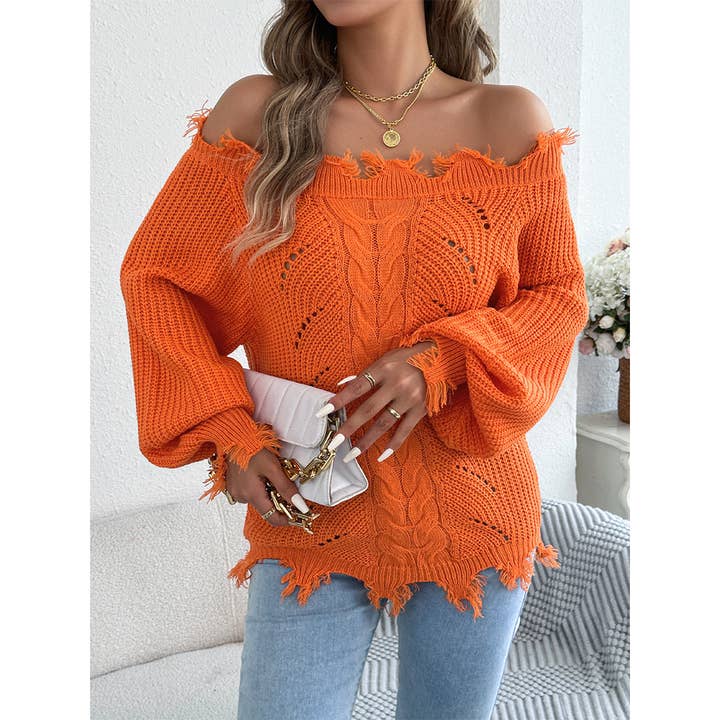 Fall Lantern Sleeves Off-Shoulder Hollow-Out Sweater BJS345