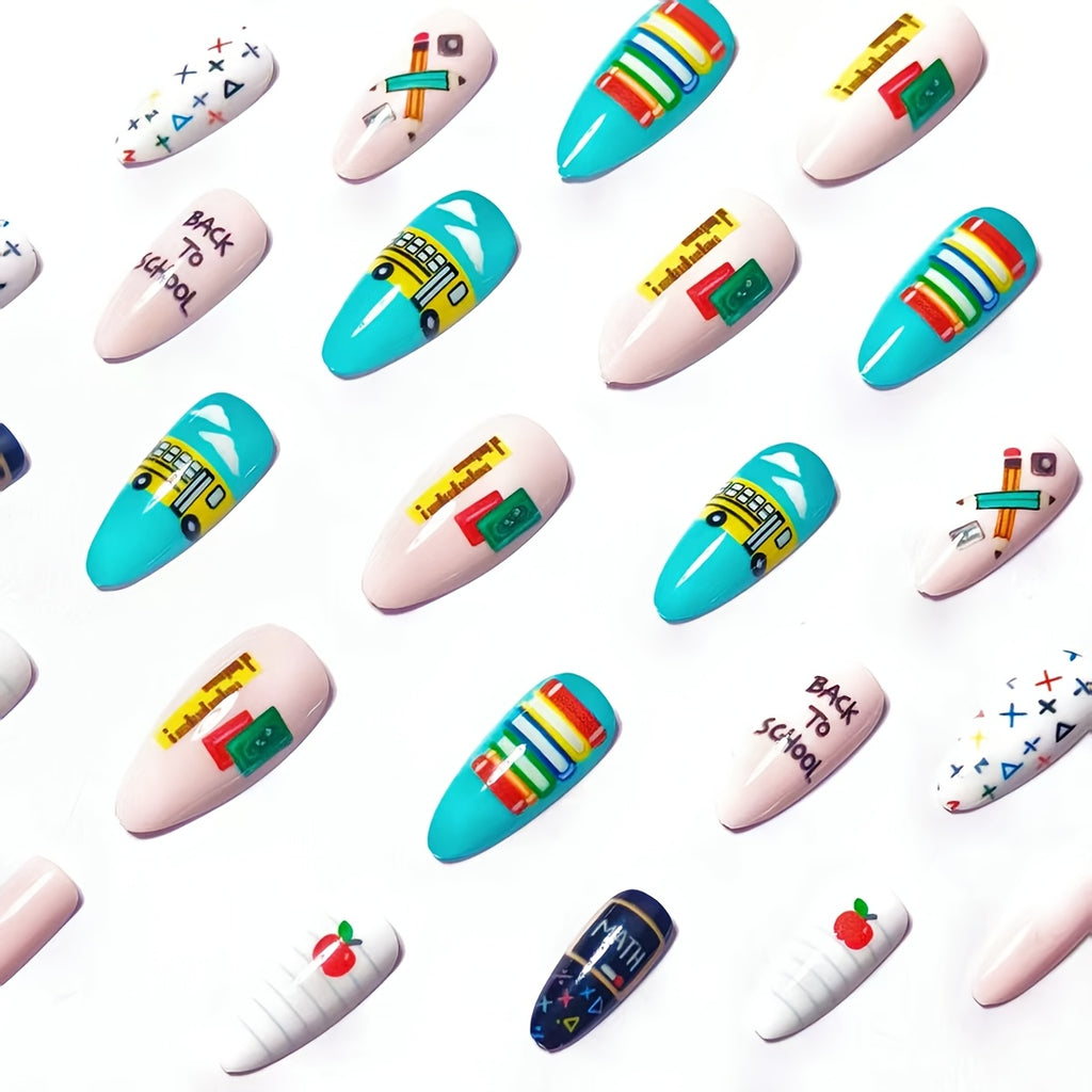 24pcs School-Themed Press-On Nails Suitable for Back-to-School, Almond Shape Medium-Length Fake Nails with Pencil & Book Designs, Reusable Detachable Tips for Teachers - Easy Application for Parties, Vacations
