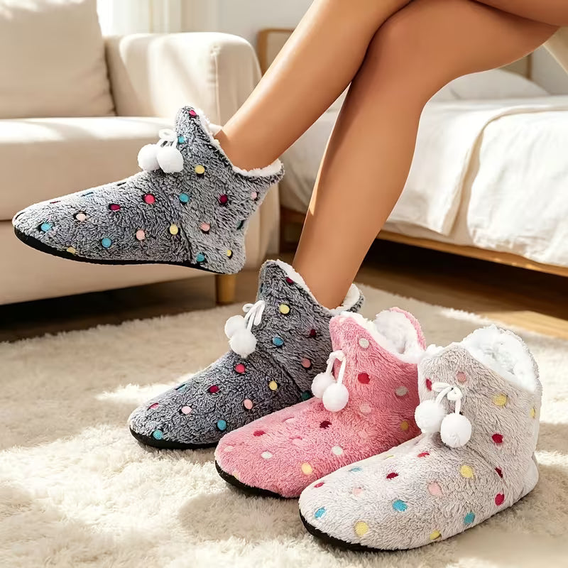 Women'S Indoor Slippers - V-Neck Colorful Polka Dot Plush Short Boots - Autumn/Winter Fleece Warm Boots — view 17