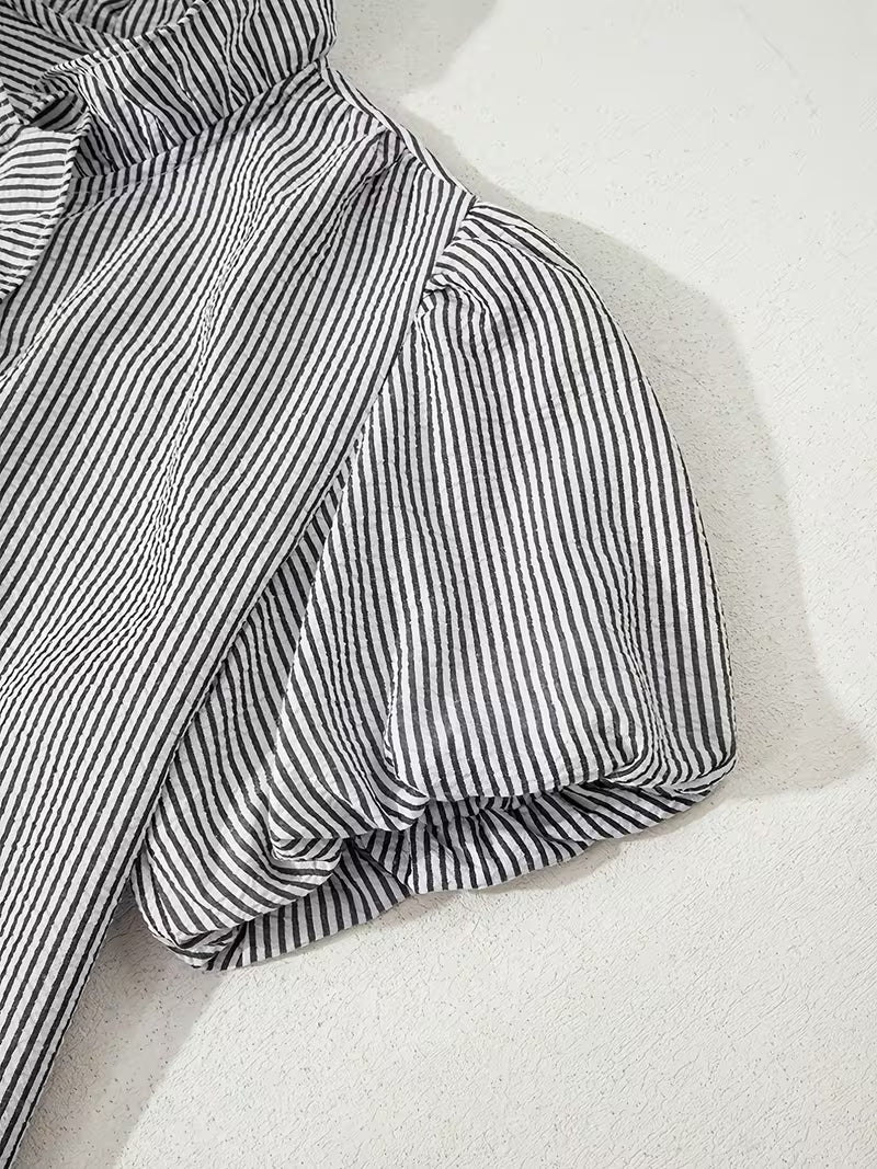 Women's Elegant Striped Puff Sleeve Ruffle Collar Casual Shirt — view 7