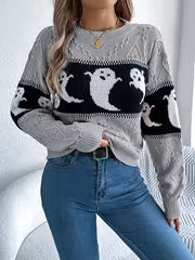 [Halloween] Halloween Women's Casual Autumn And Winter Striped Color-Block Ghost Pattern Long-Sleeve Pullover — view 2
