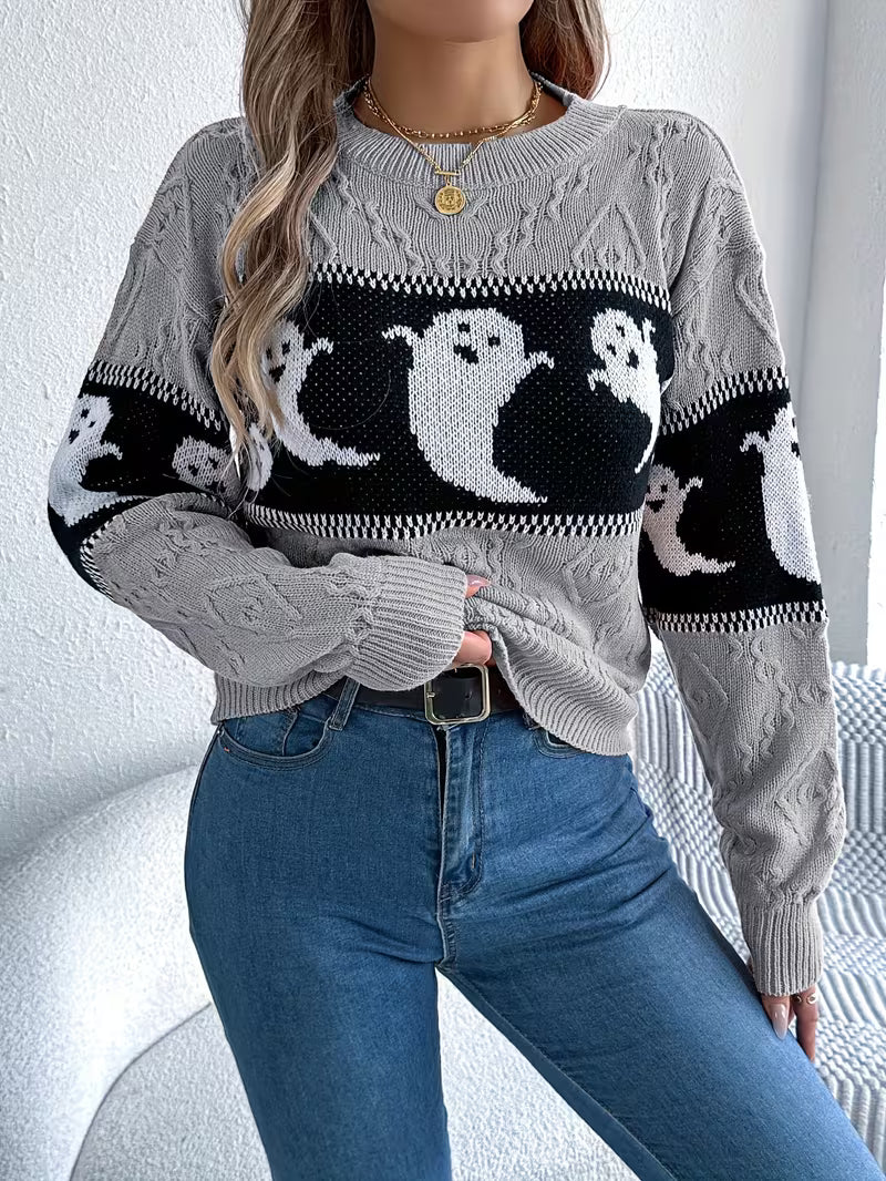 [Halloween] Halloween Women's Casual Autumn And Winter Striped Color-Block Ghost Pattern Long-Sleeve Pullover — view 9