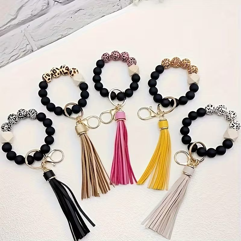 [Leopard Print Keychain] Creative Hot Selling Black Leopard Print White Background Wooden Beads 14Mm Rubber — view 12