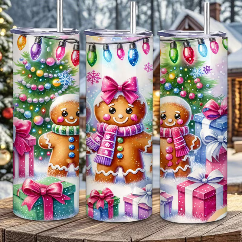 1pc of a 20 Oz Stainless Steel Insulated Tumbler Featuring an Adorable Gingerbread And Christmas Tree Gift Box — view 10