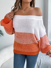 Elegant Off-Shoulder Striped Sweater - Casual Lantern Long Sleeve, Acrylic Knit for Women - Perfect for — view 4