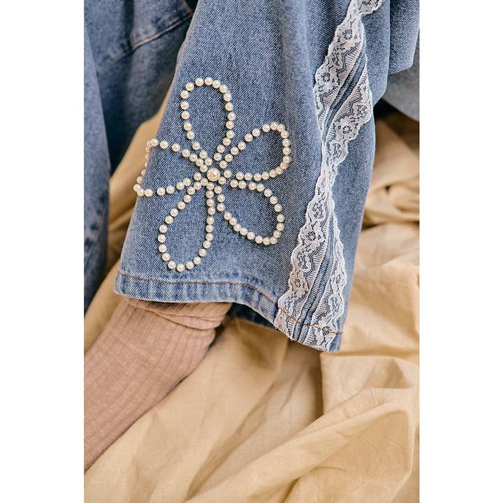 Lace Trim Pearl Floral Wide Leg Jeans