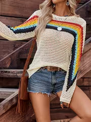 Women's Color-Block Striped Cut-Out Mesh Top, Bohemian Style Round Neck Long Sleeve Sweater, Breathable — view 4