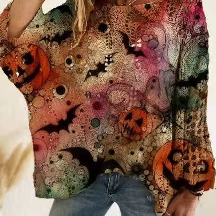 Off Shoulder Crochet Halloween Pumpkin Bat Sweater — view 5