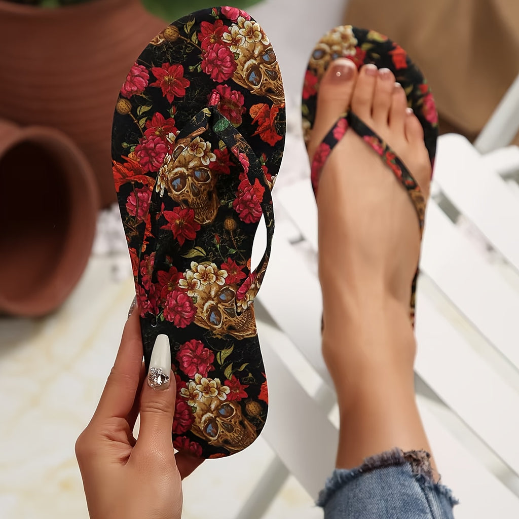 Rose Skull Women'S Flip-Flops, Halloween Themed Flip-Flops for Women, Retro Pattern Design, Fashionable And Versatile Women'S Flip-Flops, Suitable for Beach, Party, Outdoor Wear, Exquisite Gifts for Friends And Family, Women Shoes