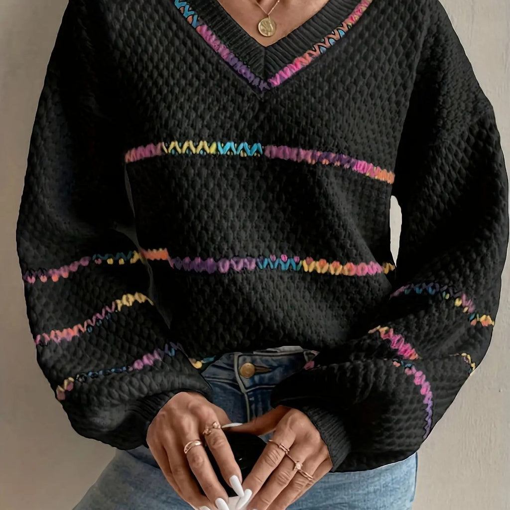 Women's White & Multicolor Striped Sweater with 3D
