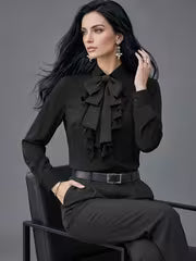 [Ruffle Blouse] Women's Blouse with Ruffle Design and Bow Decoration, Elegant Commuter Style Fashion Shirt — view 5
