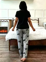Women's Pajama Set • with Bow Detail, Pocket Embellishment • Casual Round Neck Short Sleeve Top • Striped Bow — view 4