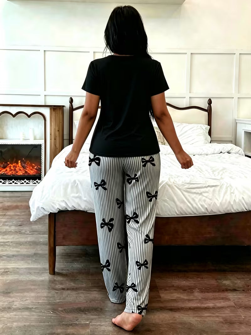 Women's Pajama Set • with Bow Detail, Pocket Embellishment • Casual Round Neck Short Sleeve Top • Striped Bow — view 5