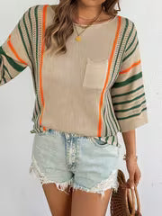 Spring Summer Casual Elegant Round Neck Color Block Stripe Pocket Pullover Woman Loose Hollow Out Tops — view 4
