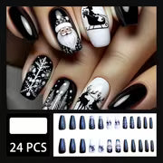24pcs Christmas Nail Art Stickers - Black Ballet Shape Medium Length Glossy Press-On Nails with Santa Sleigh — view 2