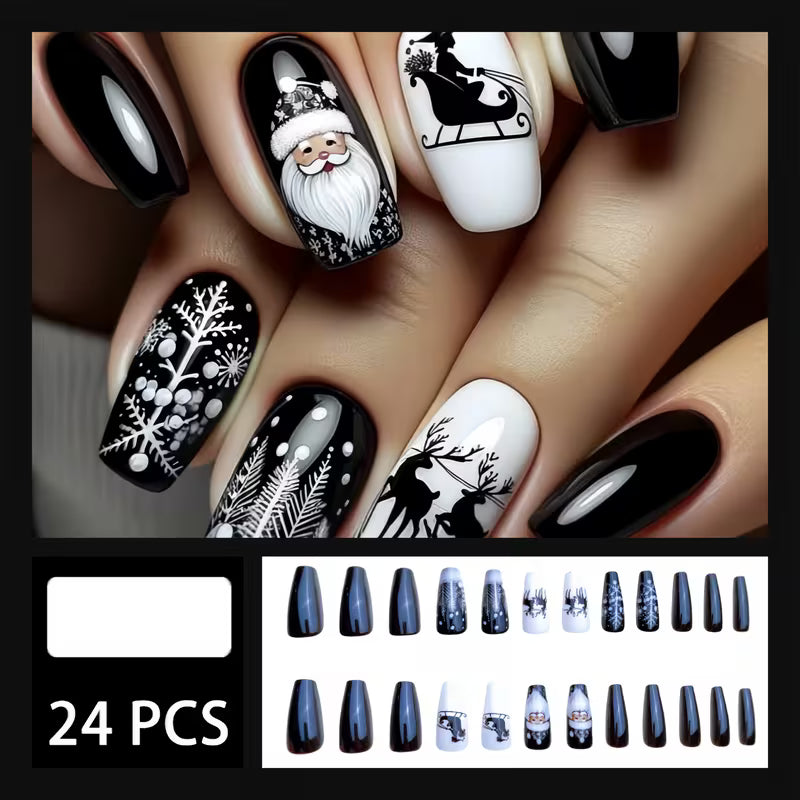 24pcs Christmas Nail Art Stickers - Black Ballet Shape Medium Length Glossy Press-On Nails with Santa Sleigh — view 7
