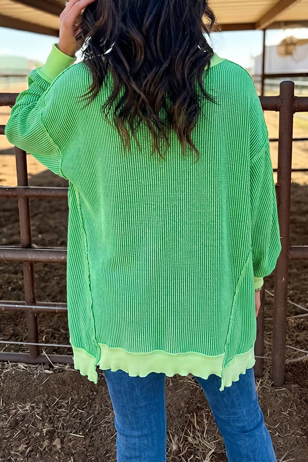 Fall Twist Rib Uneven Hem Drop Shoulder Oversized Knit Top