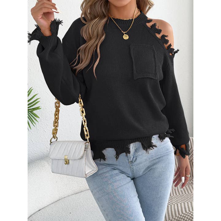 Casual Off-Shoulder Distressed Hem Pullover Sweater BJS337