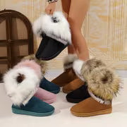Women'S Winter Thick faux fur-Trimmed Snow Boots, Sandblasted, Warm Mid-Calf Boot, Multi-Color Fringe Trim — view 5