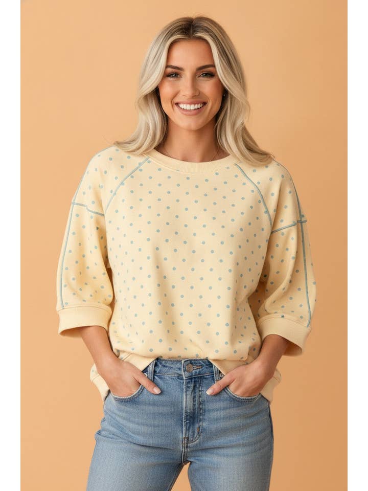 Caught Mid-Laugh | Polka Dot Piping-Trim 3/4 Raglan Sleeve Top — view 1 of 3