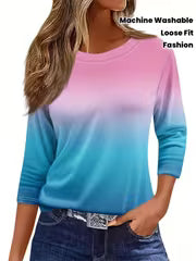 Women's Gradient Color Casual 3/4 Sleeve T-Shirt - Loose Fit, Round Neck, Machine Washable, Soft & Stylish for — view 1