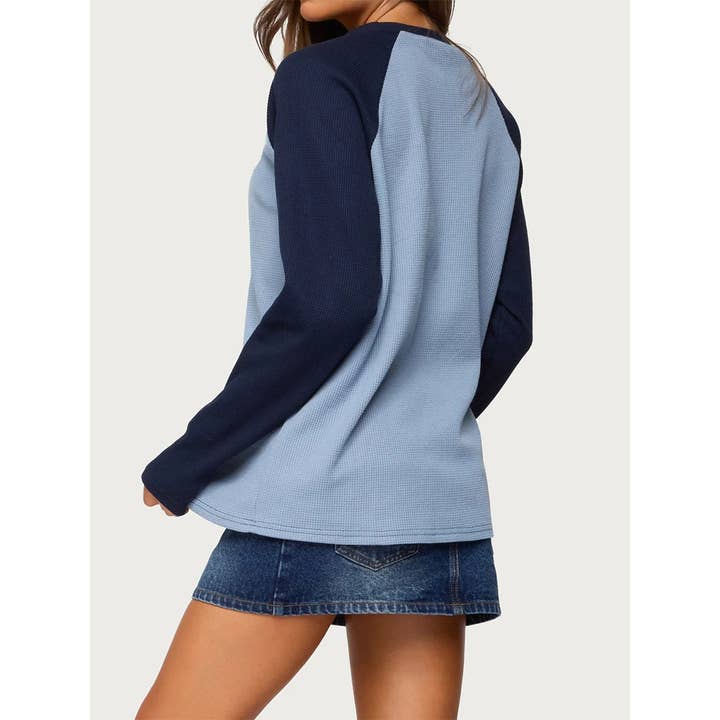 Color Block Crew Neck Long Sleeve Waffle Knit Top MD274