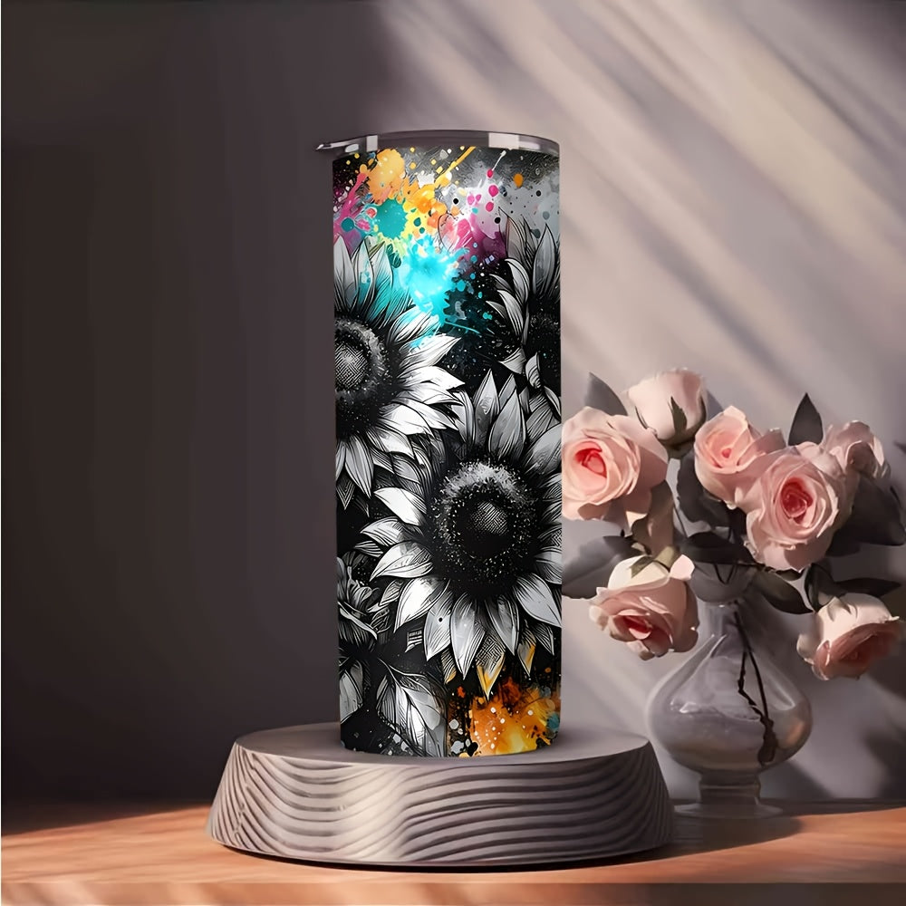 20oz Sunflower Ink Splash Print Tumbler with Lid And Straw, Fits Hot And Cold Drinks for All Seasons, Ideal for Coffee, Sports, Car Use, Great Gift for Any Occasion