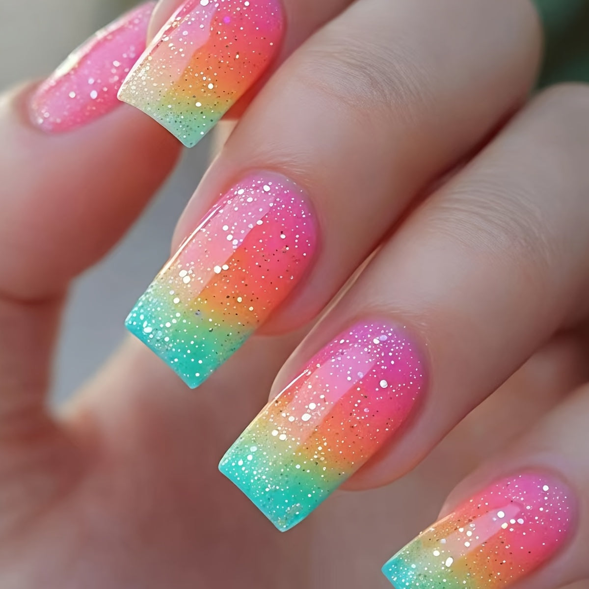 [Parties, Vacations, Events] Medium-Length Colored Water Pipe-Style False Nails, 24pcs, Featuring Color-Blocking, Fashionable, Vibrant Pink-Green Gradient, Detachable And Reusable Press-On Nail Patches, Convenient For Daily Wear, Parties, Vacations, And Events