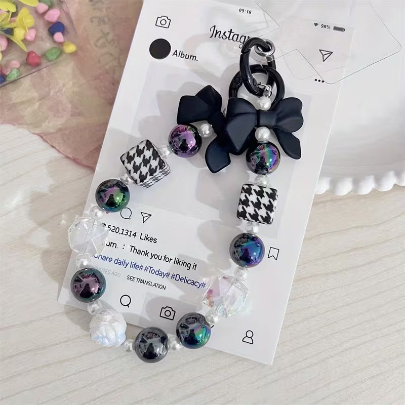 Elegant Black and White Electroplated Beaded Bow Keychain with Pearl and Crystal Accents - Durable ABS Material — view 13