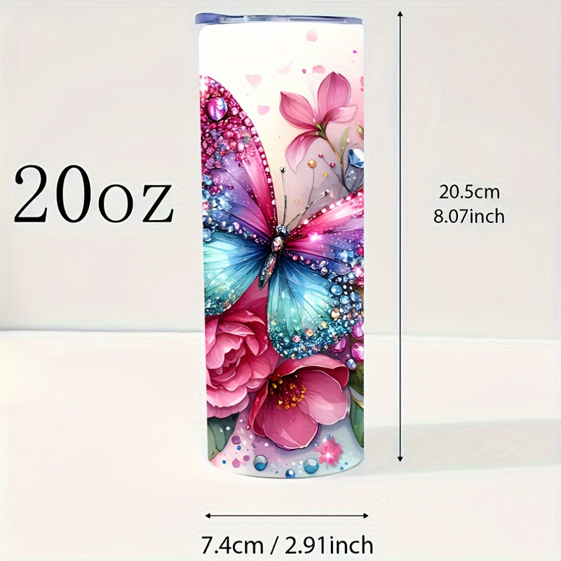 1pc 20oz Stainless Steel Tumbler with Lid - Elegant Butterfly & Floral Design, Insulated for Hot & Cold Drinks, Perfect Gift for Mom, Wife, or Girlfriend, Ideal for Home, Travel, Outdoor Use