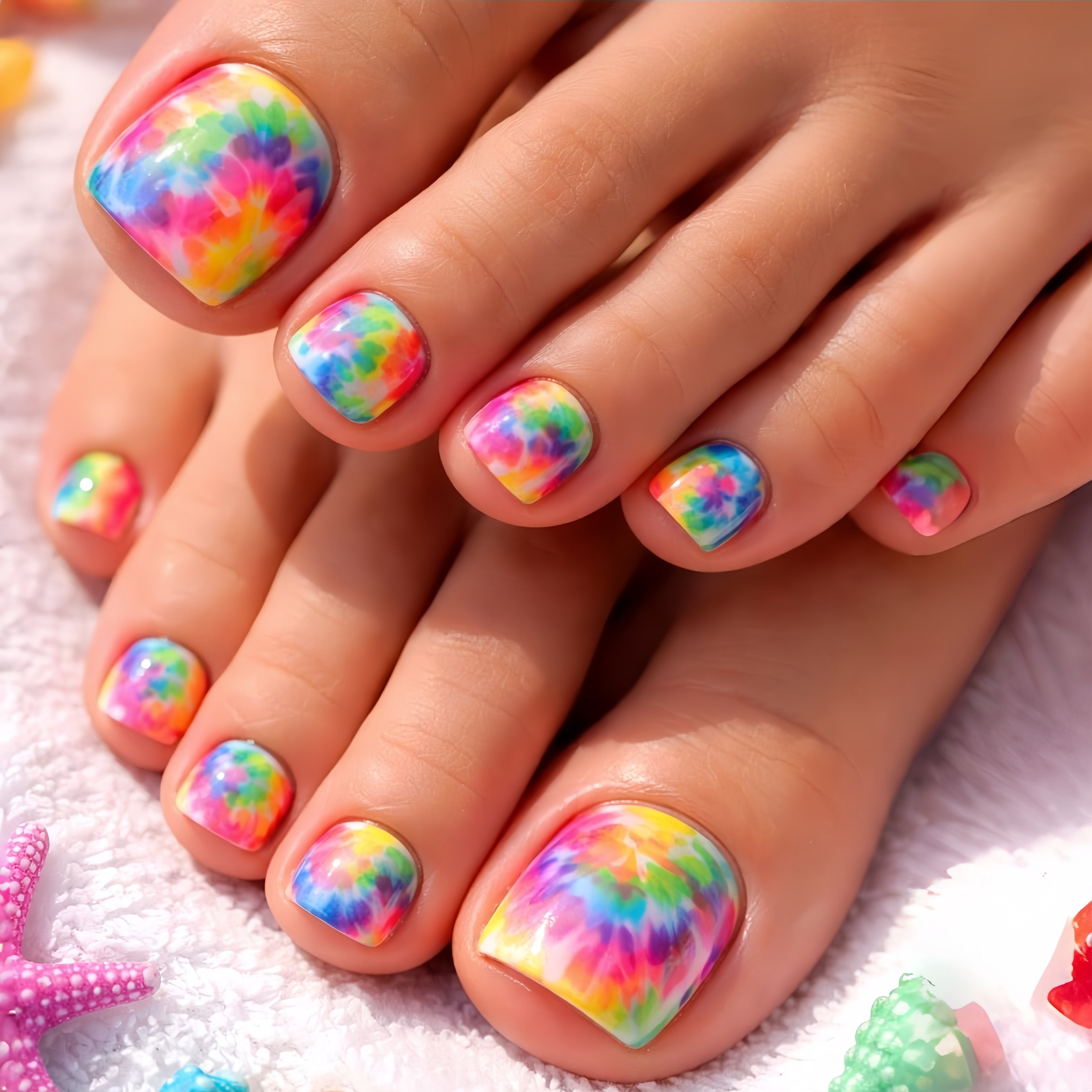 24pcs Rainbow Ombre Watercolor Press-On Nails Toe Nails Short Square Glossy Toenails Universal Reusable Y2K Artistic Style Nail Art Removable Fake Nails Press-On Nails