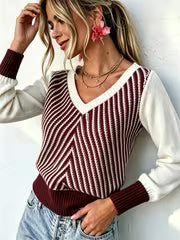 Color-Block V-Neck Sweater for Women, Color-Block Long-Sleeve Spliced Ribbed Pullover Top. Soft And Lightweight — view 1