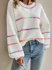 Women's Loose Crew Neck Sweater - Elegant Color Striped Pullover, Soft Polyester, Relaxed Style for Casual or — view 3