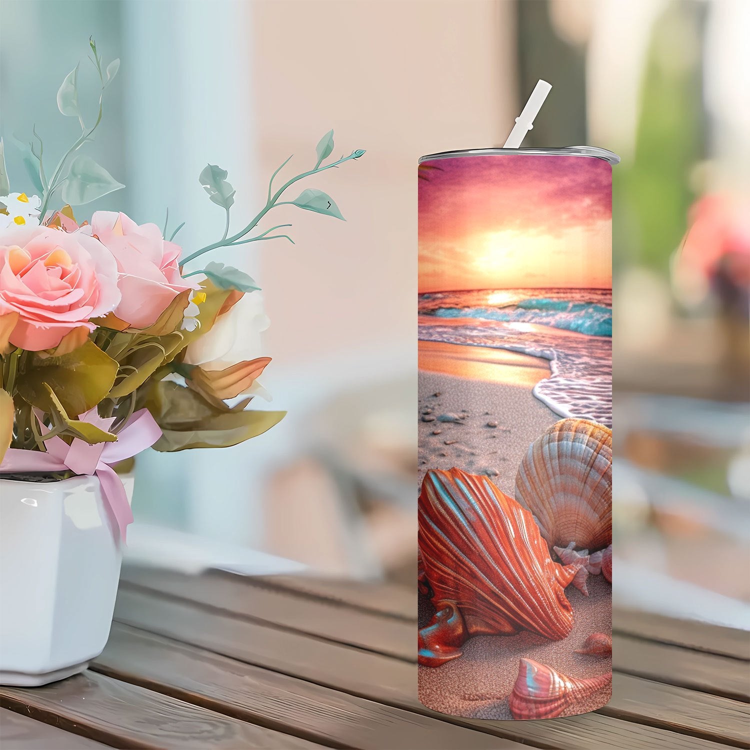 20oz Stainless Steel Tumbler with Seashell Beach Design - Vacuum Insulated Travel Mug with Lid and Straw