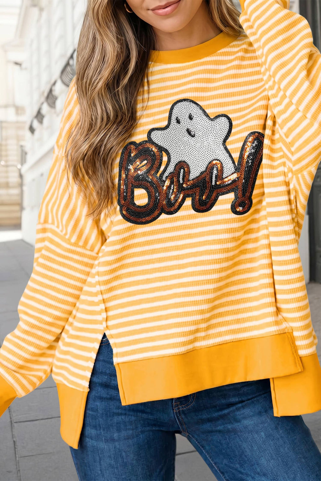 Aapparella Women's Halloween Bow Ghost Striped Split Crewneck Top