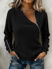 Plus Size, A Stylish and Edgy Long-sleeve Top with a Slanted Zipper Design. This Versatile T-shirt Features a — view 9