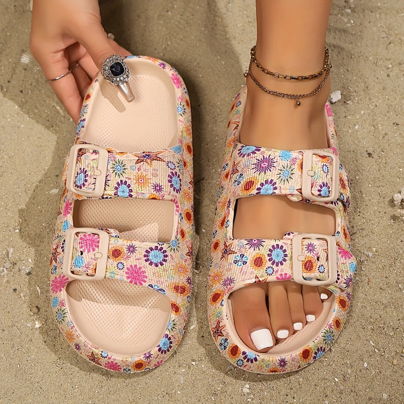 Casual Summer Slippers for Women Featuring a Floral Design, with a Single Strap., Women Shoes