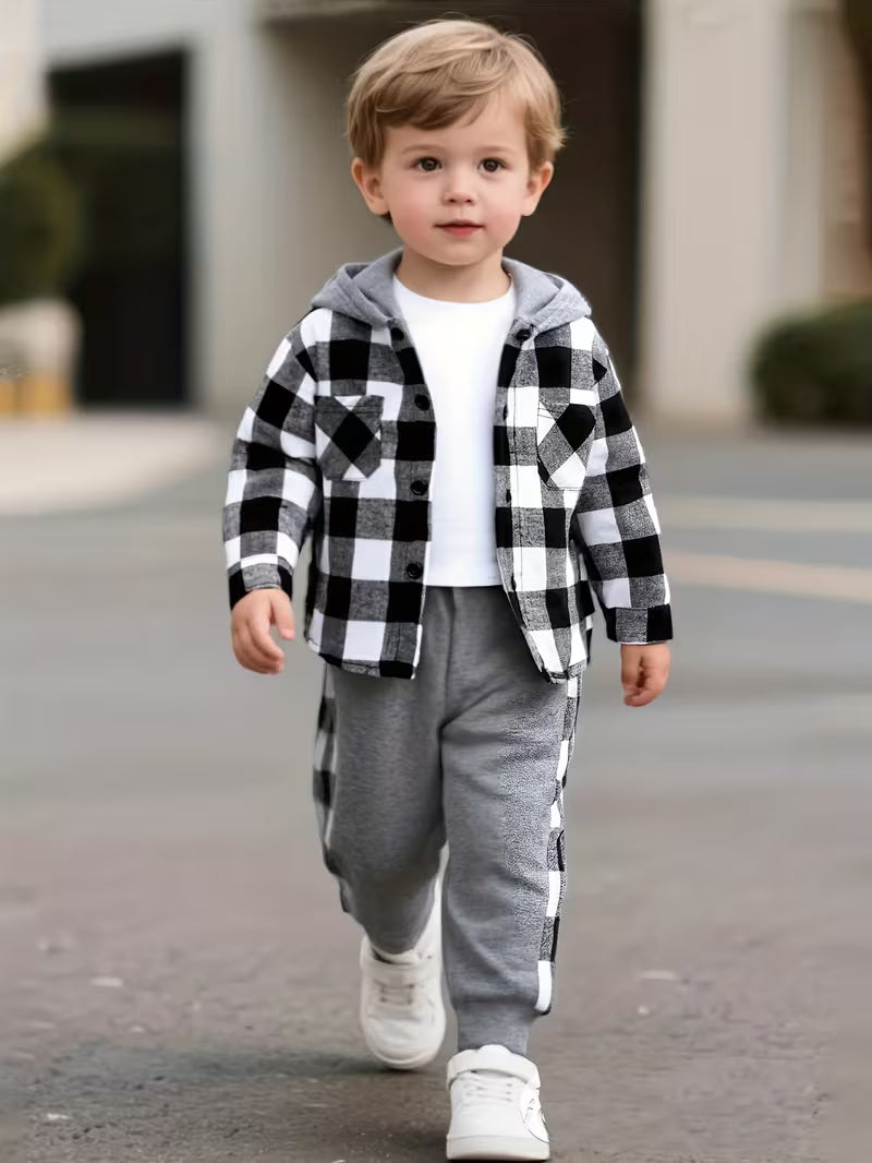 2-piece Boys' Plaid Front-Button Hoodie + Sweatpants Set, Autumn/Winter Wear, Perfect for Outdoor — view 7