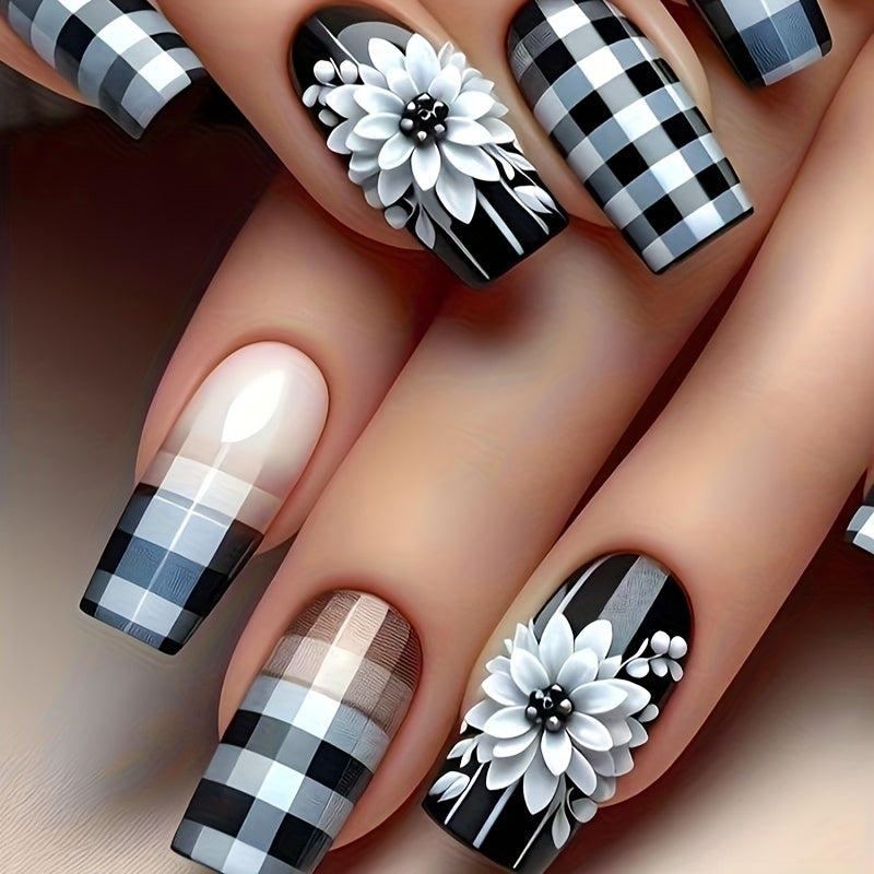 Medium-length 24pcs detachable floral grid trendy fake nail set