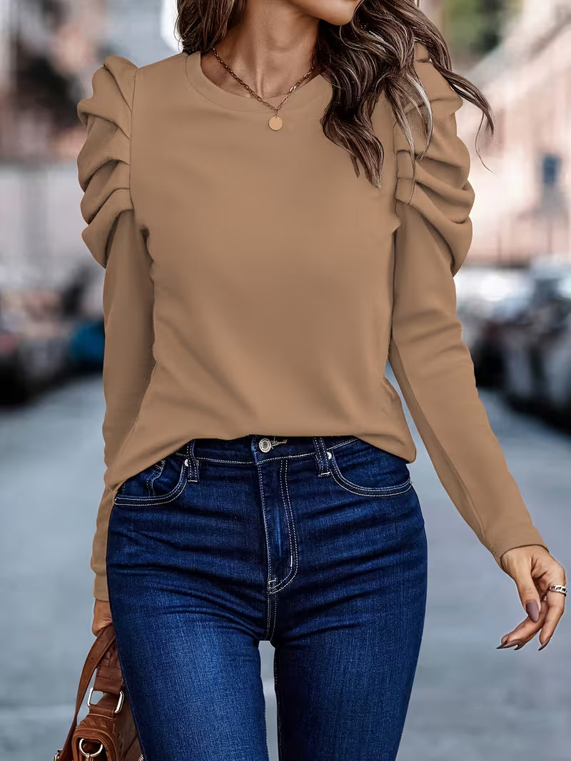 Solid Color Round Neck Long Sleeve Top — view 5